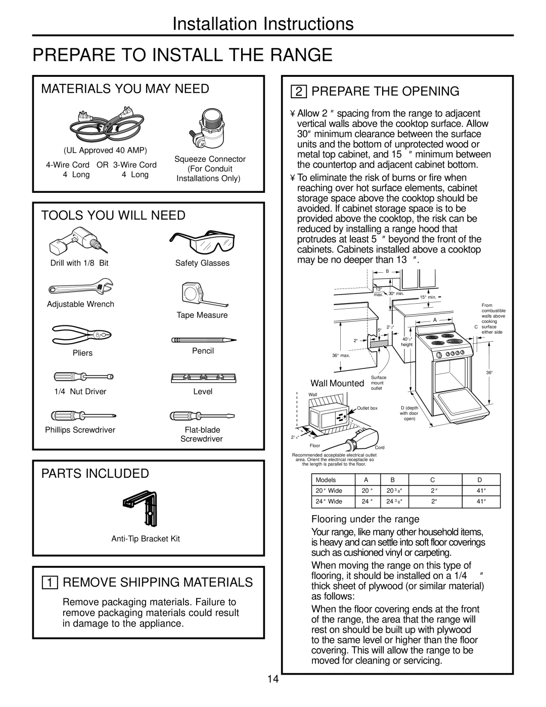 Hotpoint RA724 Materials YOU MAY Need, Tools YOU will Need, Prepare the Opening, Parts Included, Remove Shipping Materials 