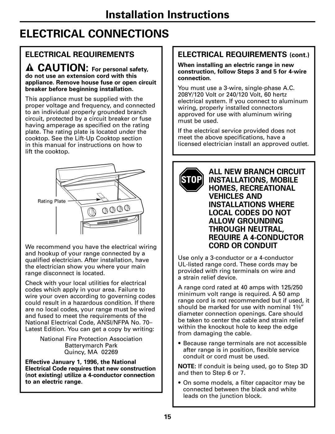 Hotpoint RA720, RA724 owner manual Electrical Connections, Electrical Requirements 