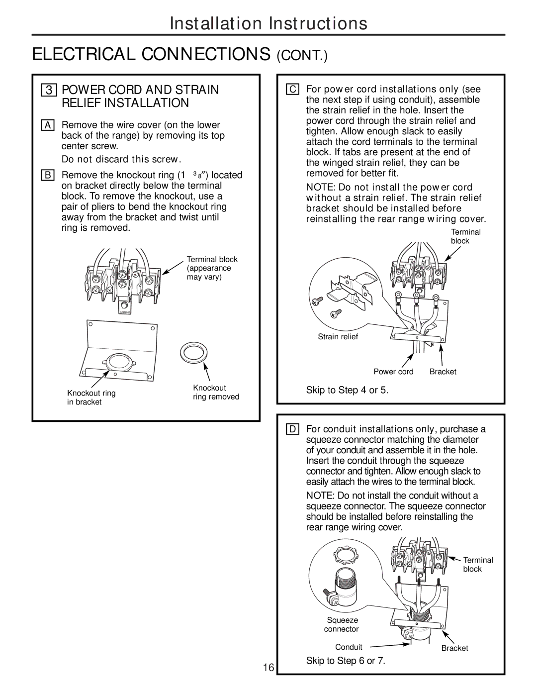 Hotpoint RA724, RA720 owner manual Power Cord and Strain Relief Installation, Do not discard this screw 