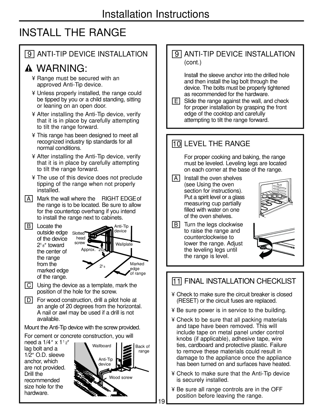 Hotpoint RA720, RA724 owner manual ANTI-TIP Device Installation, Level the Range 