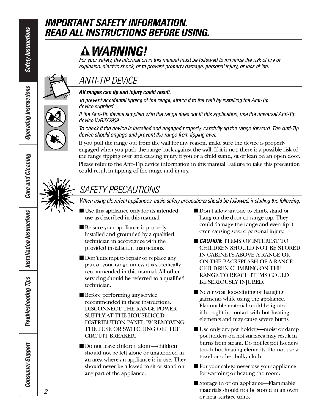 Hotpoint RA724, RA720 owner manual ANTI-TIP Device, All ranges can tip and injury could result 