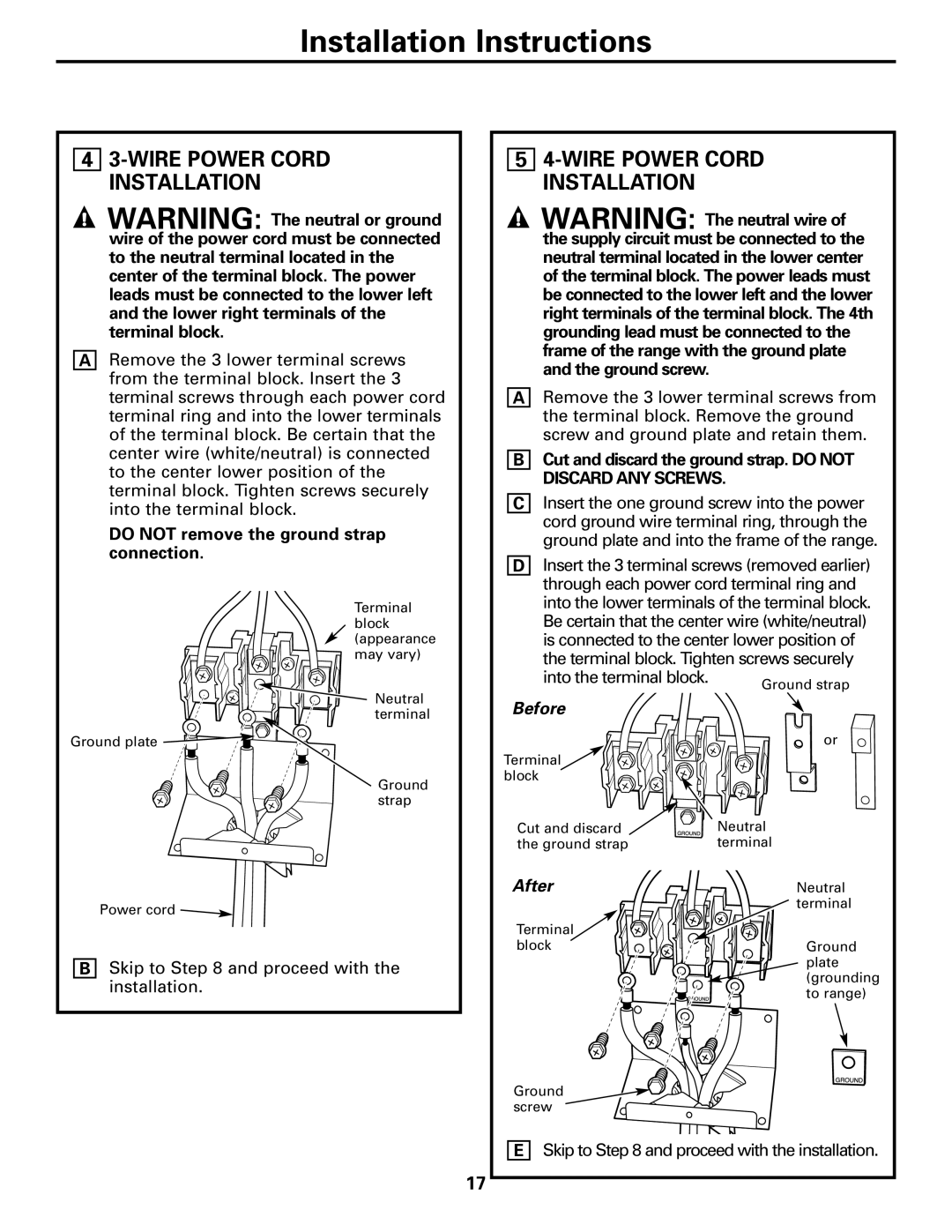 Hotpoint RA720, RA724 owner manual Wirepower Cord Installation, DO NOT remove the ground strap connection, Before, After 