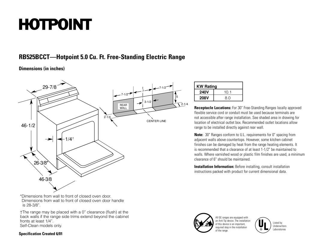 Hotpoint dimensions RB525BCCT-Hotpoint 5.0 Cu. Ft. Free-Standing Electric Range, Dimensions in inches, 29-7/8 