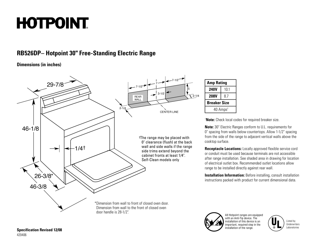 Hotpoint RB526DPCC, RB526DPBB dimensions RB526DP- Hotpoint 30 Free-Standing Electric Range, 29-7/8, 46-1/8, 26-3/8 46-3/8 