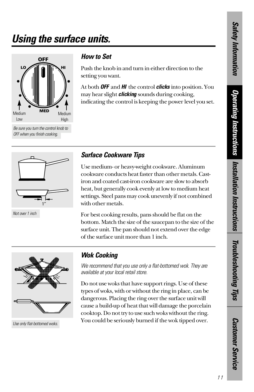 Hotpoint RB526, RB533, RB536, RB632, RB525 owner manual Using the surface units, How to Set, Surface Cookware Tips, Wok Cooking 