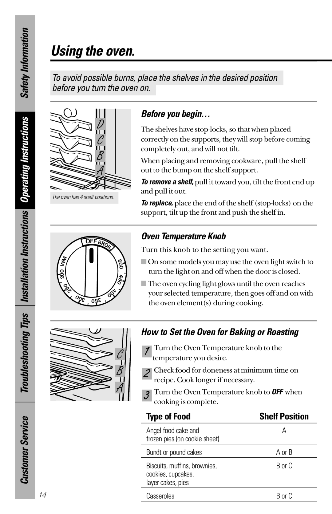 Hotpoint RB525, RB533, RB526 Using the oven, Before you begin…, Oven Temperature Knob, Customer Service Troubleshooting 