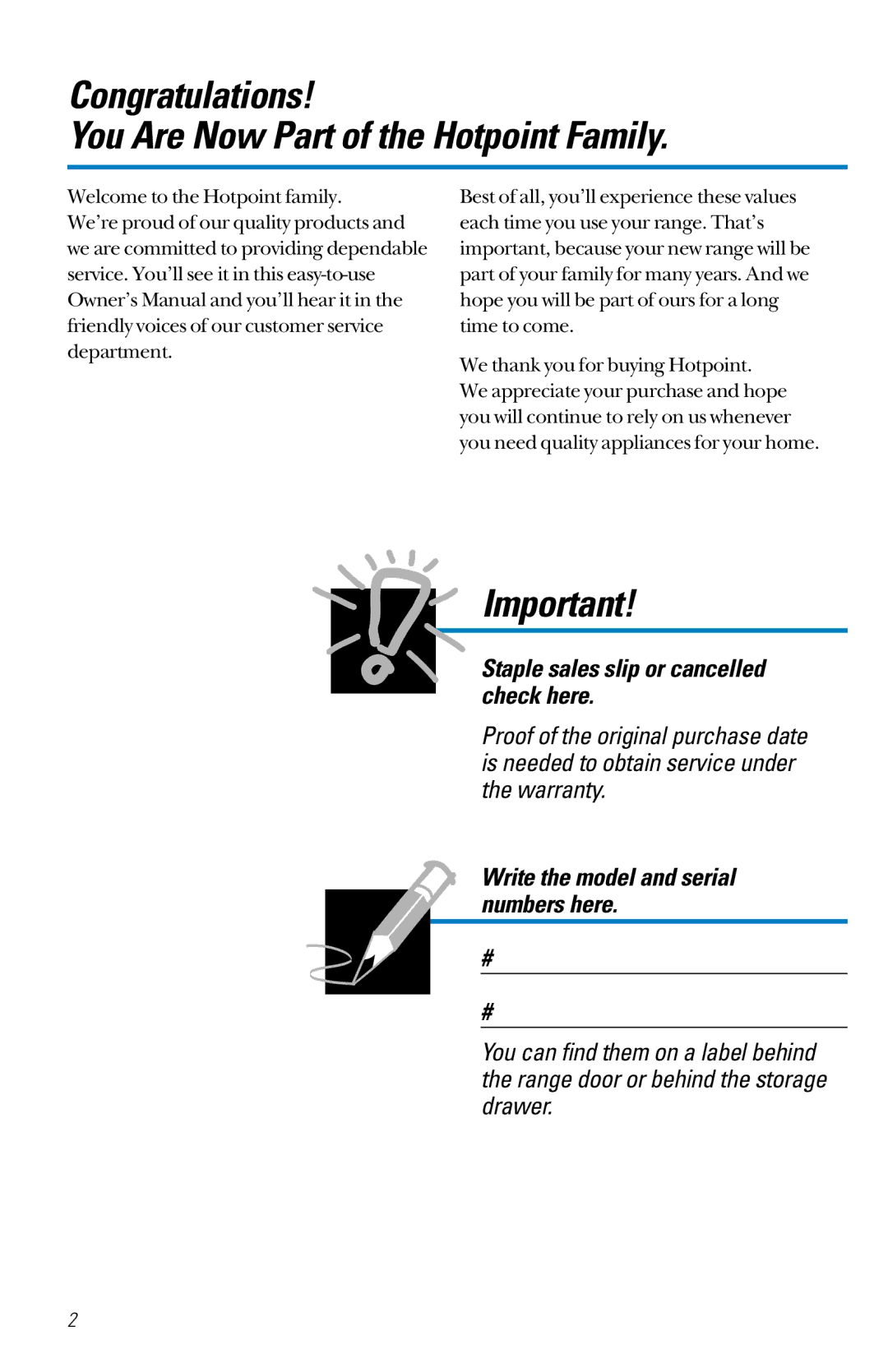 Hotpoint RB536, RB533 Congratulations You Are Now Part of the Hotpoint Family, Staple sales slip or cancelled check here 