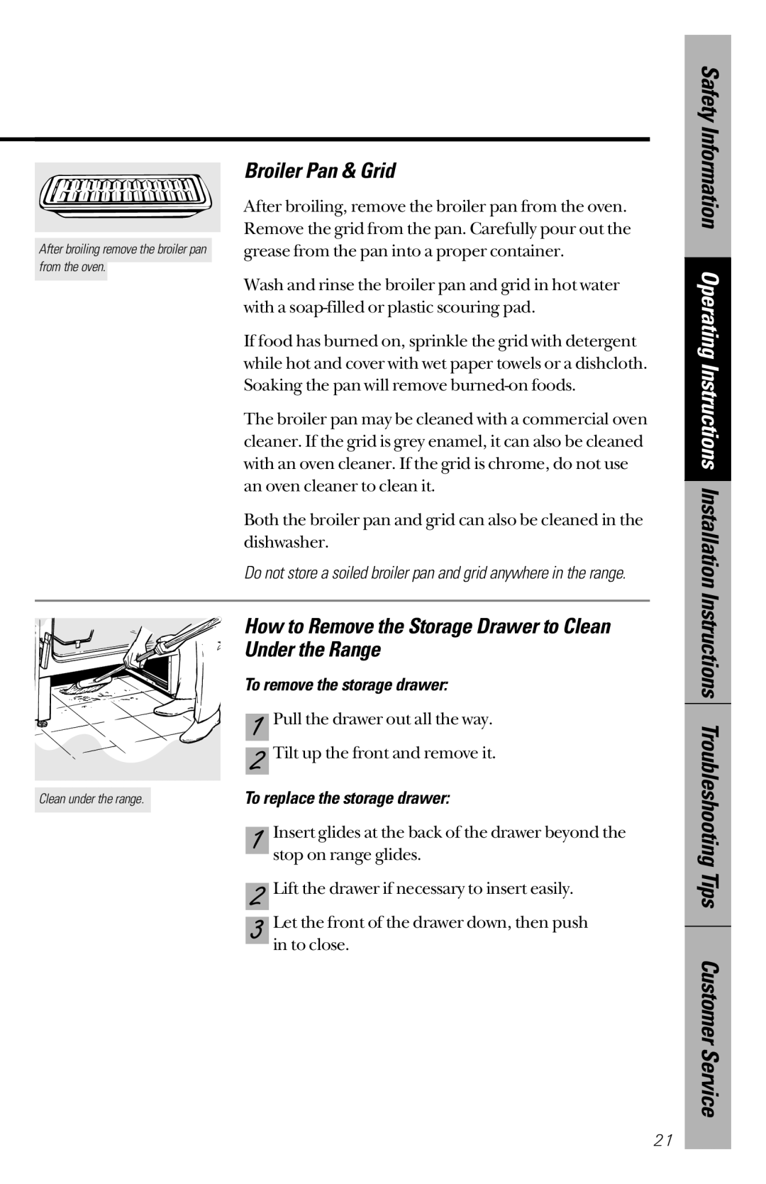 Hotpoint RB526 Broiler Pan & Grid, How to Remove the Storage Drawer to Clean Under the Range, To remove the storage drawer 