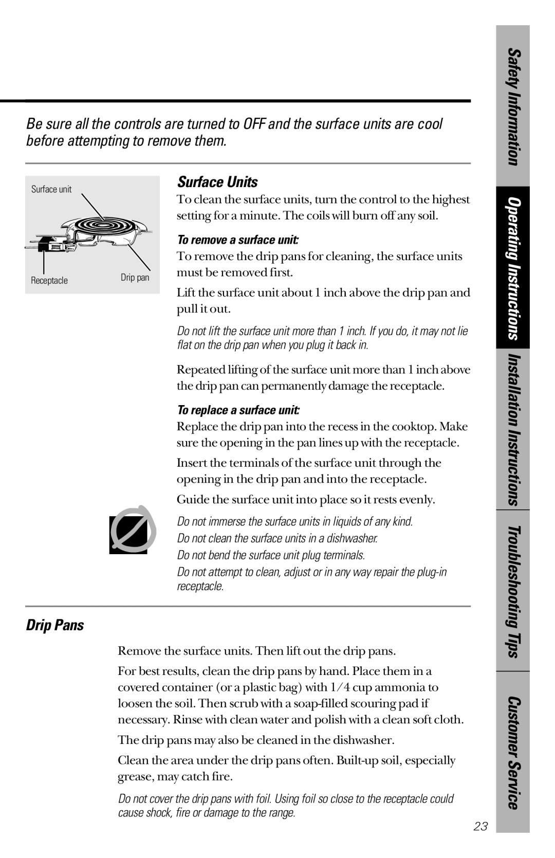 Hotpoint RB632, RB533, RB526, RB536, RB525 Surface Units, Drip Pans, To remove a surface unit, To replace a surface unit 