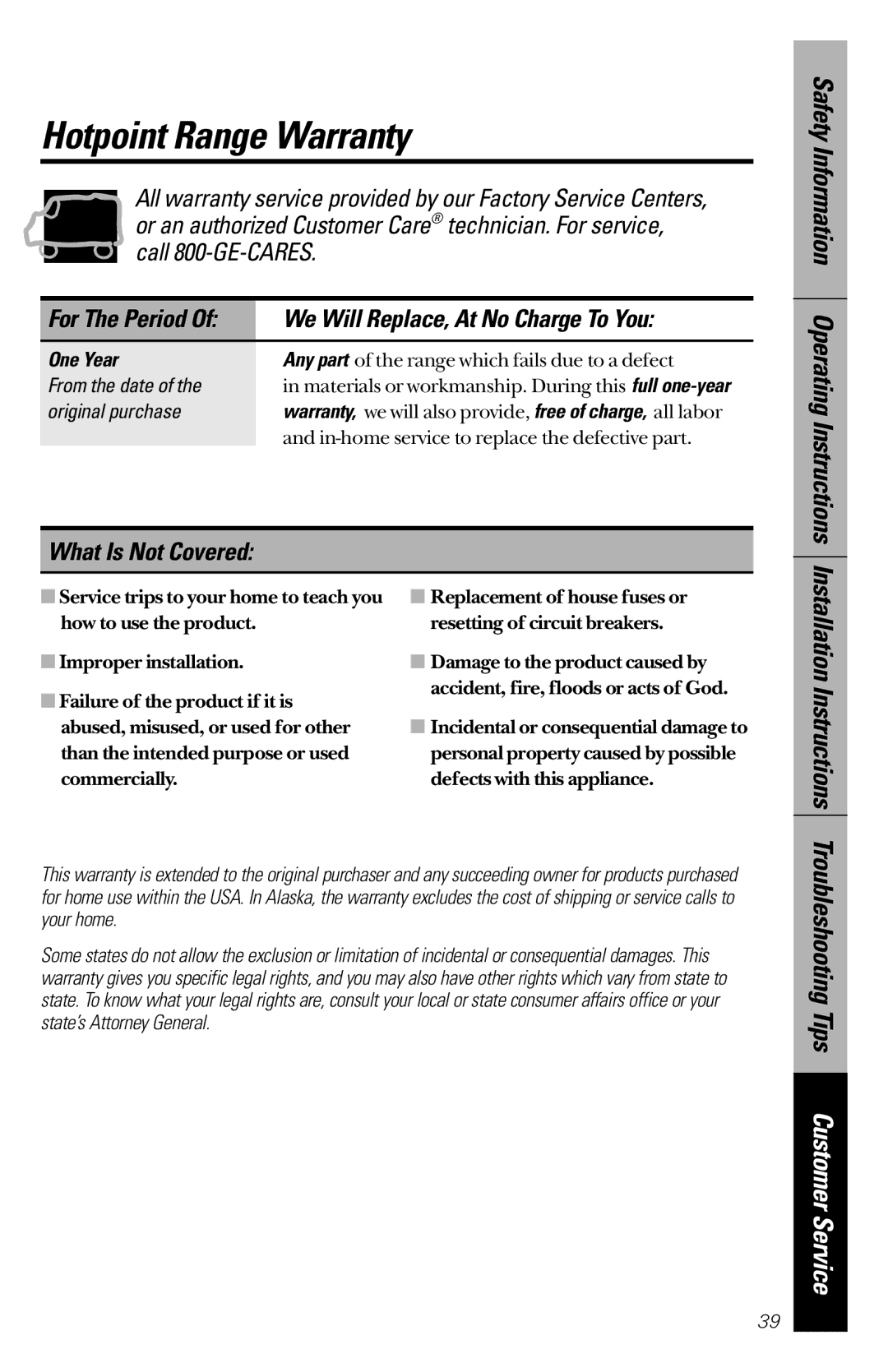 Hotpoint RB525, RB533, RB526, RB536, RB632 owner manual Hotpoint Range Warranty, We Will Replace, At No Charge To You, One Year 