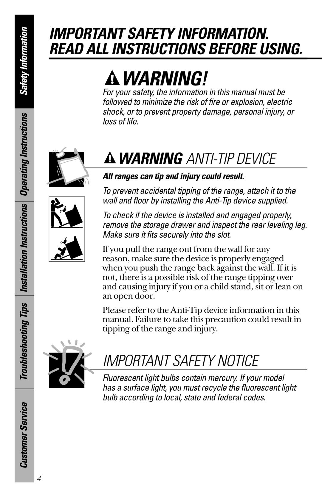 Hotpoint RB525, RB533, RB526, RB536, RB632 owner manual Important Safety Notice, All ranges can tip and injury could result 