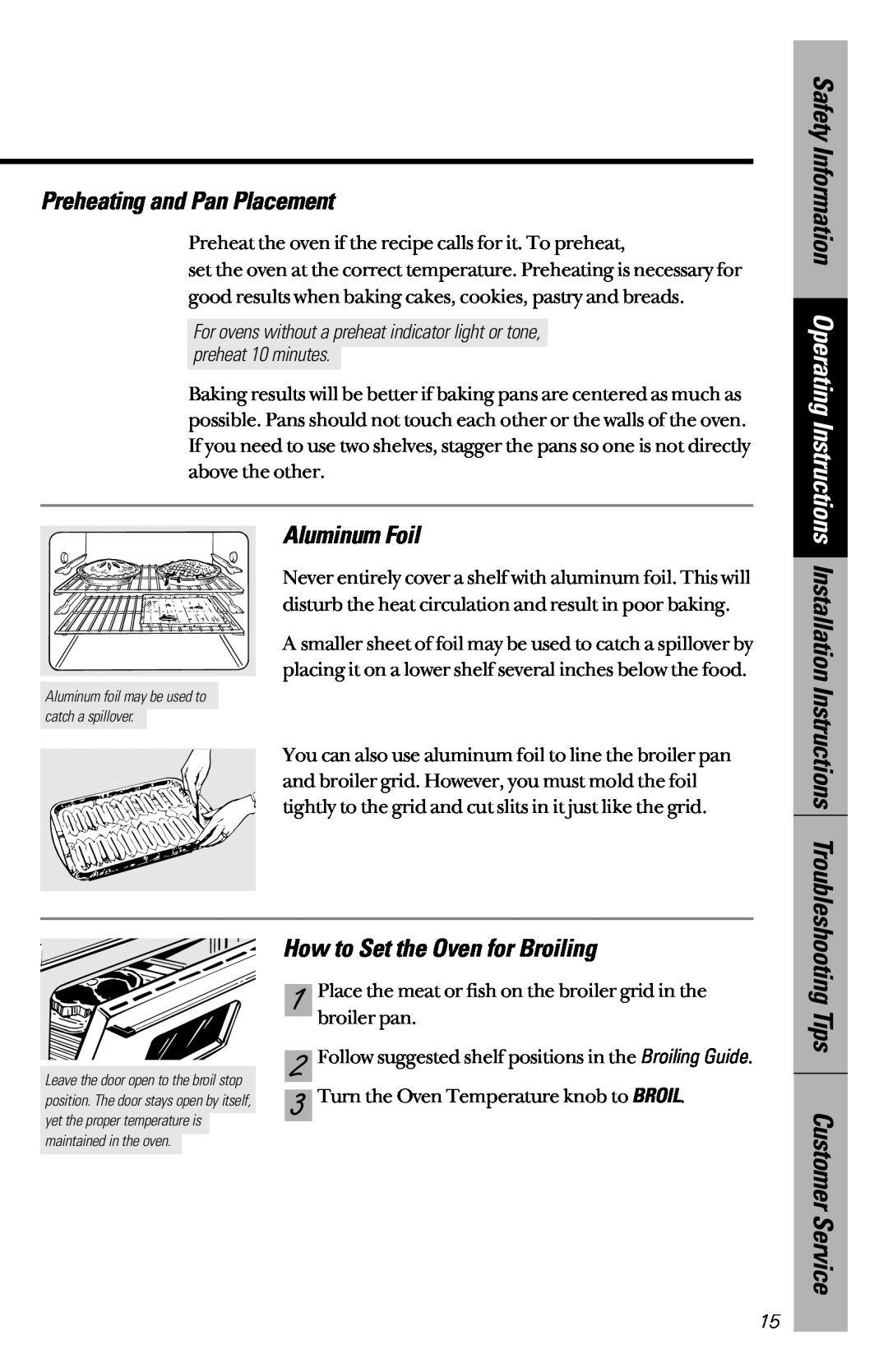 Hotpoint RB533, RB526 Tips Customer Service, Preheating and Pan Placement, Aluminum Foil, How to Set the Oven for Broiling 