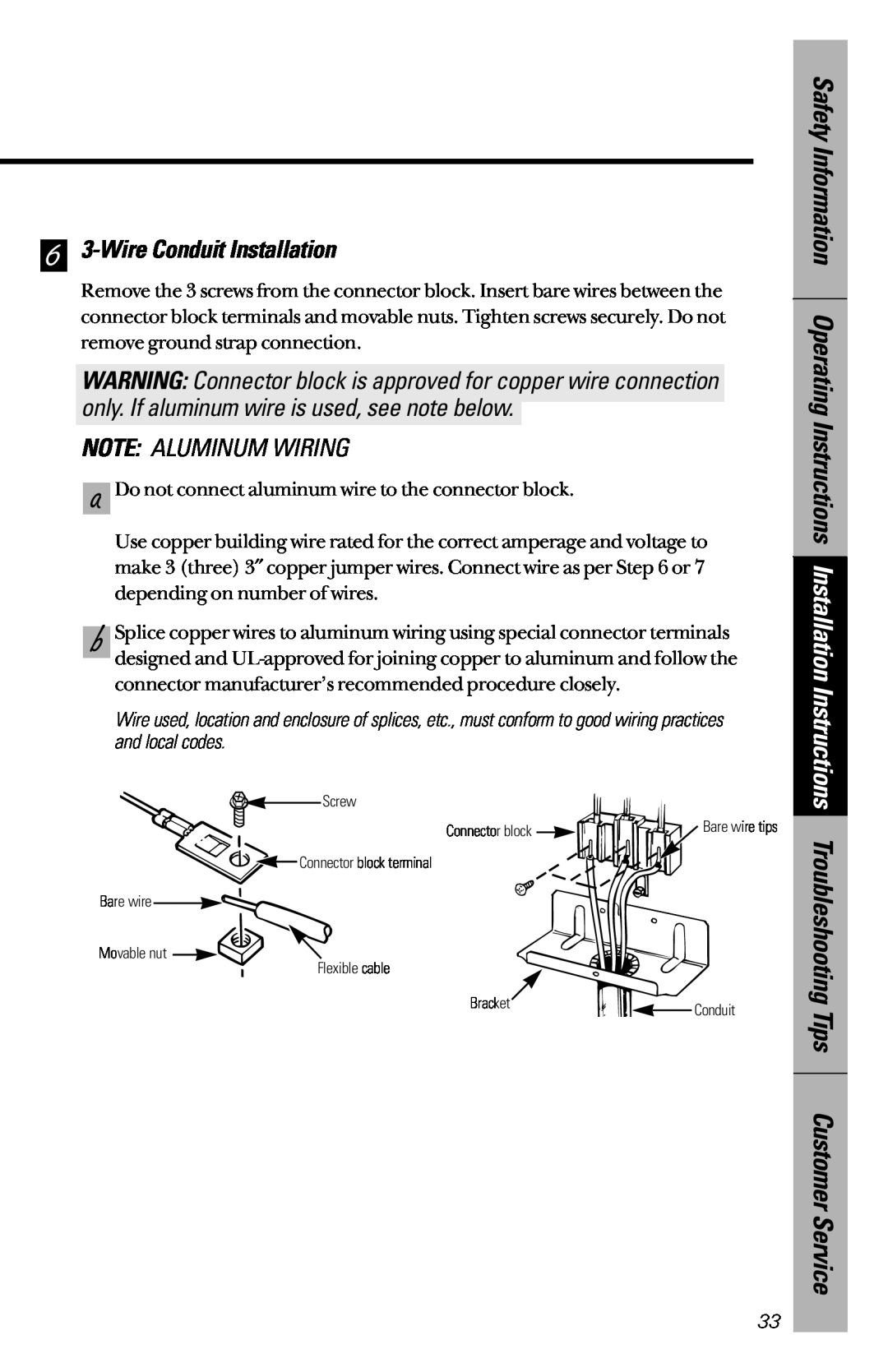 Hotpoint RB632, RB533, RB526, RB536, RB525 owner manual 6 3-Wire Conduit Installation, Note Aluminum Wiring 