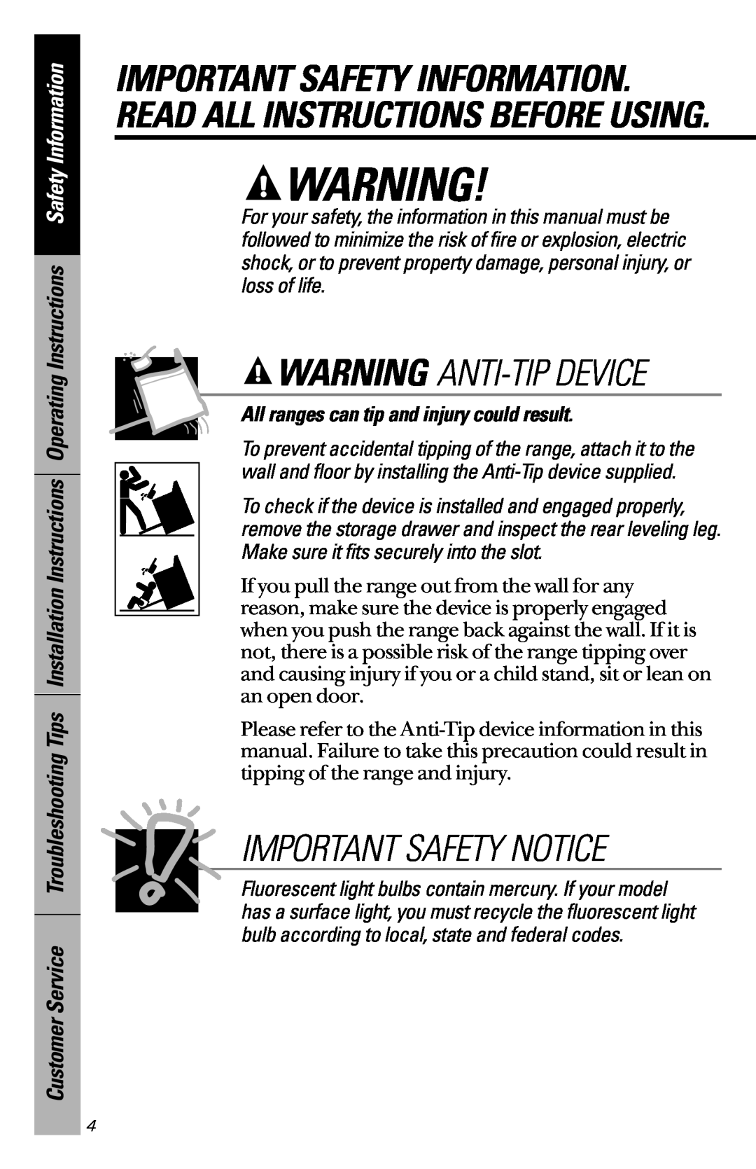 Hotpoint RB525, RB533, RB526 Warning Anti-Tip Device, Important Safety Notice, All ranges can tip and injury could result 