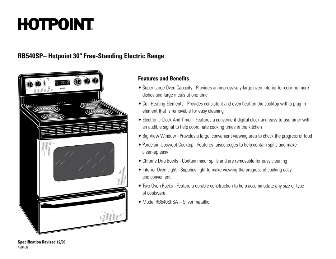 Hotpoint RB540SPSA dimensions Features and Benefits 