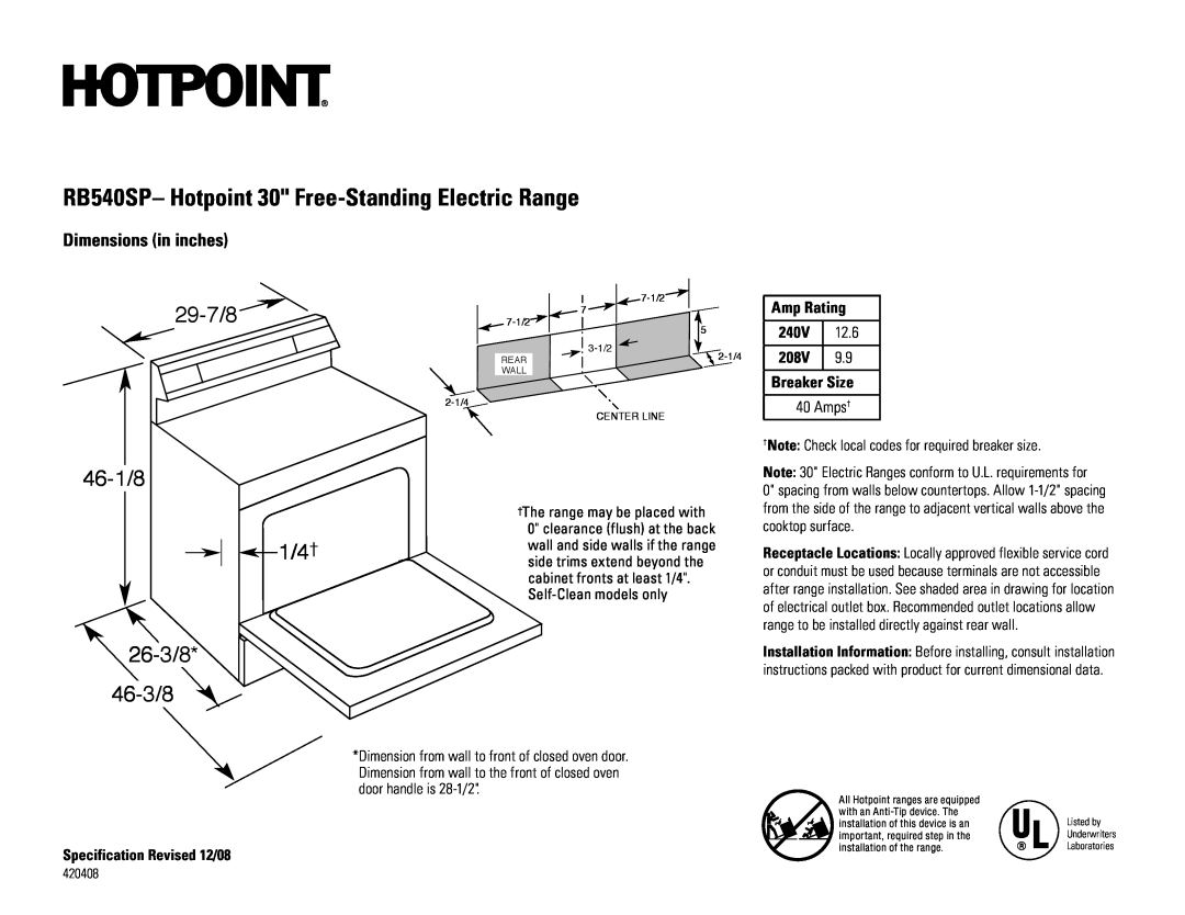 Hotpoint dimensions RB540SP- Hotpoint 30 Free-StandingElectric Range, 29-7/8, 46-1/8 1/4†, 26-3/8 46-3/8, Amp Rating 