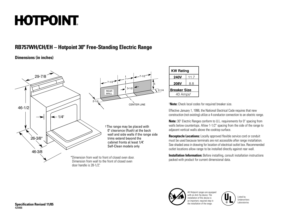 Hotpoint RB757EH dimensions RB757WH/CH/EH Hotpoint 30 Free-Standing Electric Range, Dimensions in inches, 29-7/8, 46-1/2 