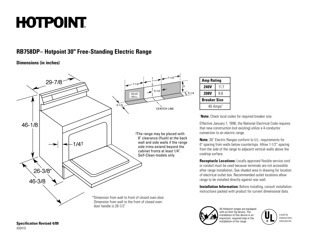 Hotpoint RB758DPCC, RB758DPWW dimensions RB758DP- Hotpoint 30 Free-Standing Electric Range, 29-7/8, 46-1/8, 26-3/8 46-3/8 