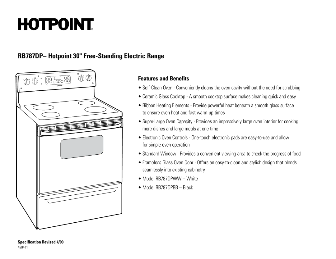 Hotpoint RB787DPBB, RB787DPWW dimensions Features and Benefits 