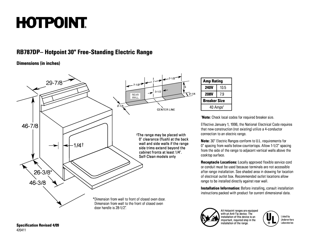 Hotpoint RB787DPWW dimensions RB787DP- Hotpoint 30 Free-StandingElectric Range, 29-7/8, 46-7/8 1/4†, 26-3/8 46-3/8, 240V 