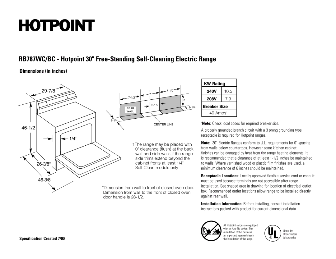 Hotpoint RB787WC/BC dimensions Dimensions in inches, 29-7/8 46-1/2 26-3/8 46-3/8, KW Rating 240V 10.5 208V Breaker Size 