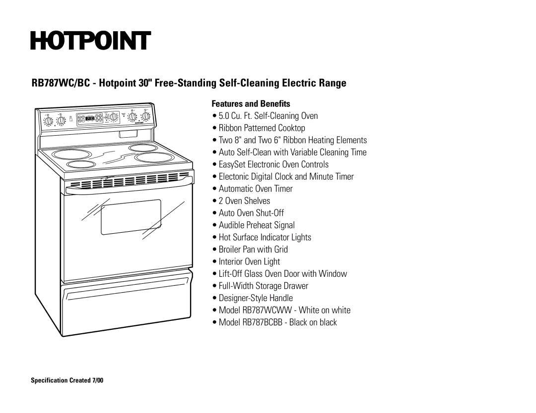 Hotpoint RB787WC/BC dimensions Features and Benefits 