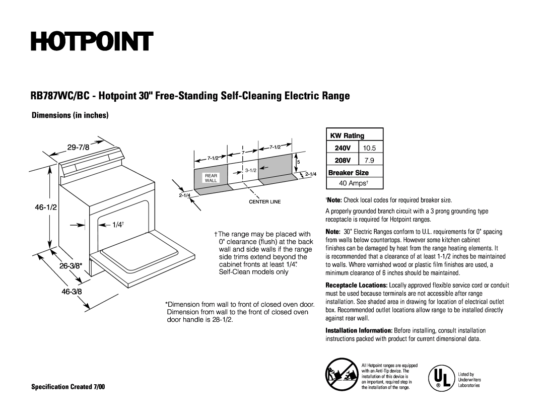 Hotpoint RB787WC/BC dimensions Dimensions in inches, 29-7/8 46-1/2 1/4† 26-3/8 46-3/8, KW Rating, 240V, 10.5, 208V 