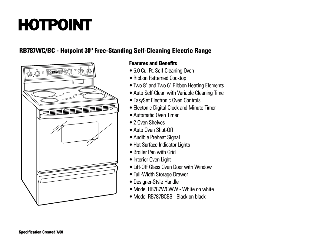 Hotpoint RB787WC/BC dimensions 5.0 Cu. Ft. Self-CleaningOven 