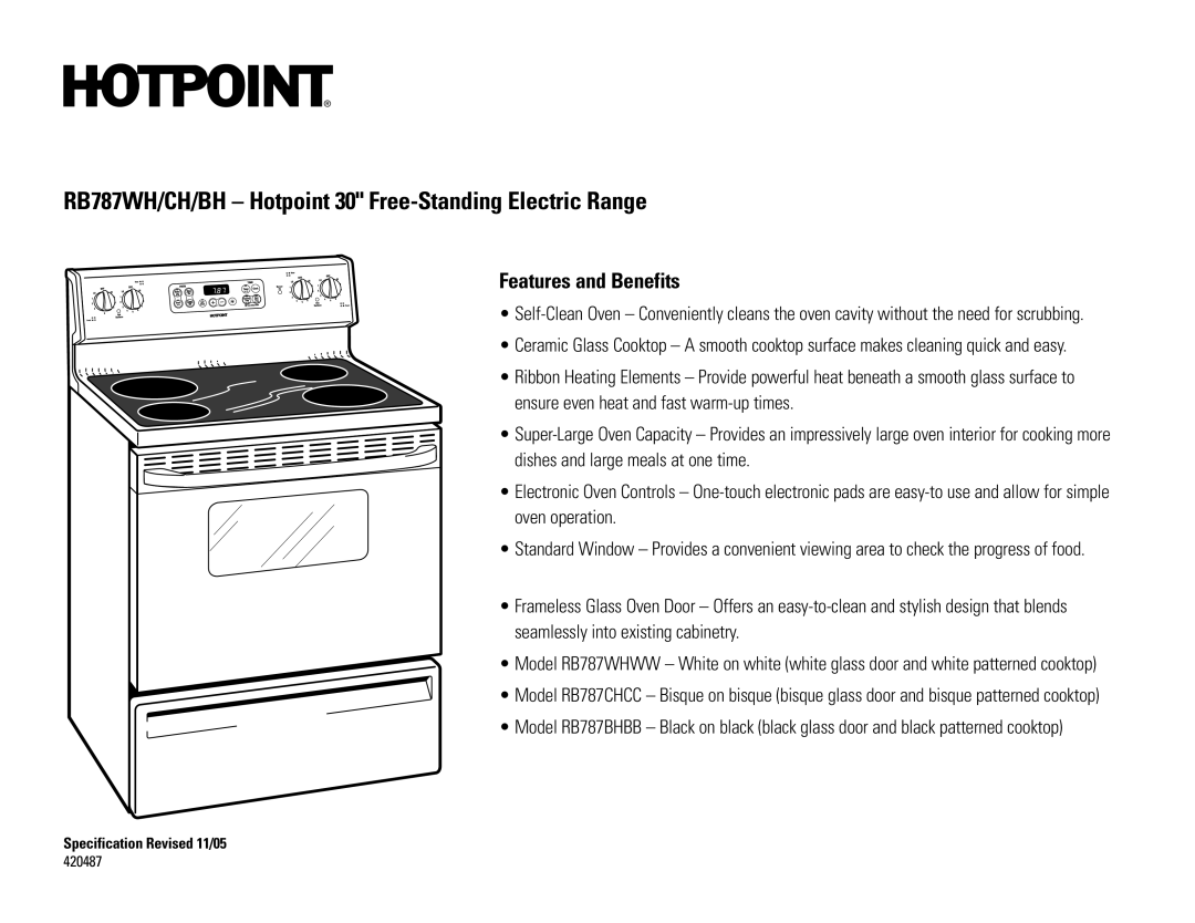 Hotpoint RB787WH/CH/BH dimensions Features and Benefits 