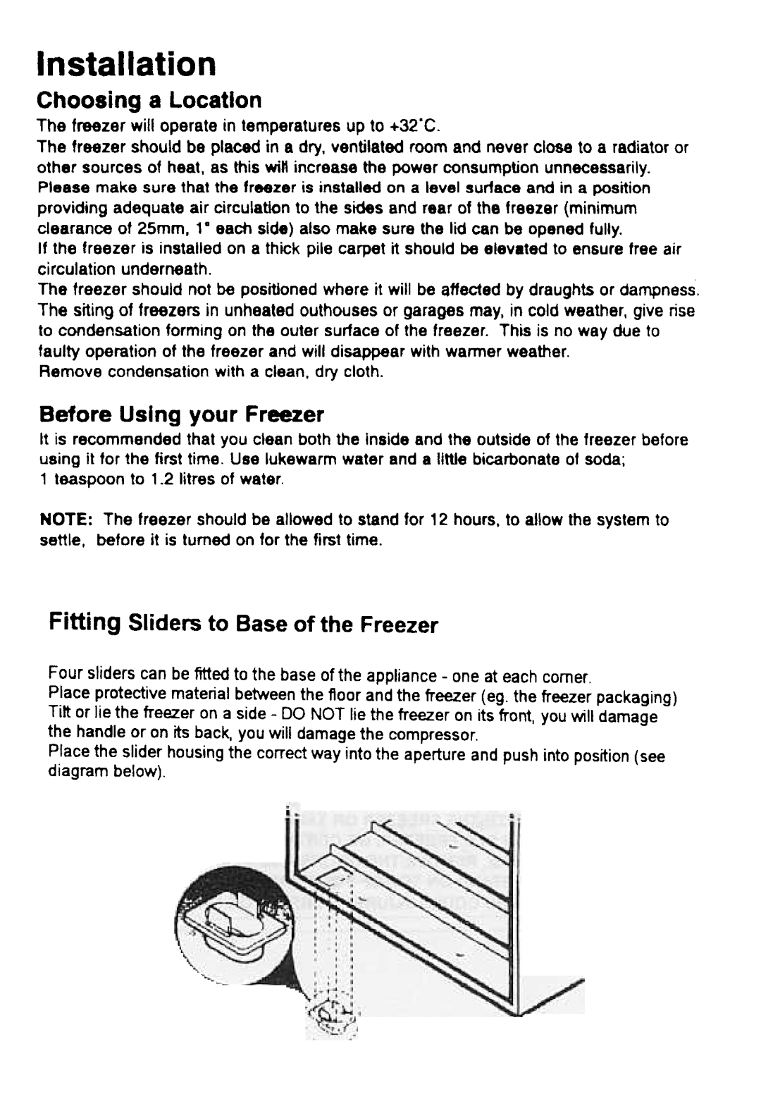 Hotpoint RC16P manual Before Using your Freezer, Fitting Sliders to Base of the Freezer 