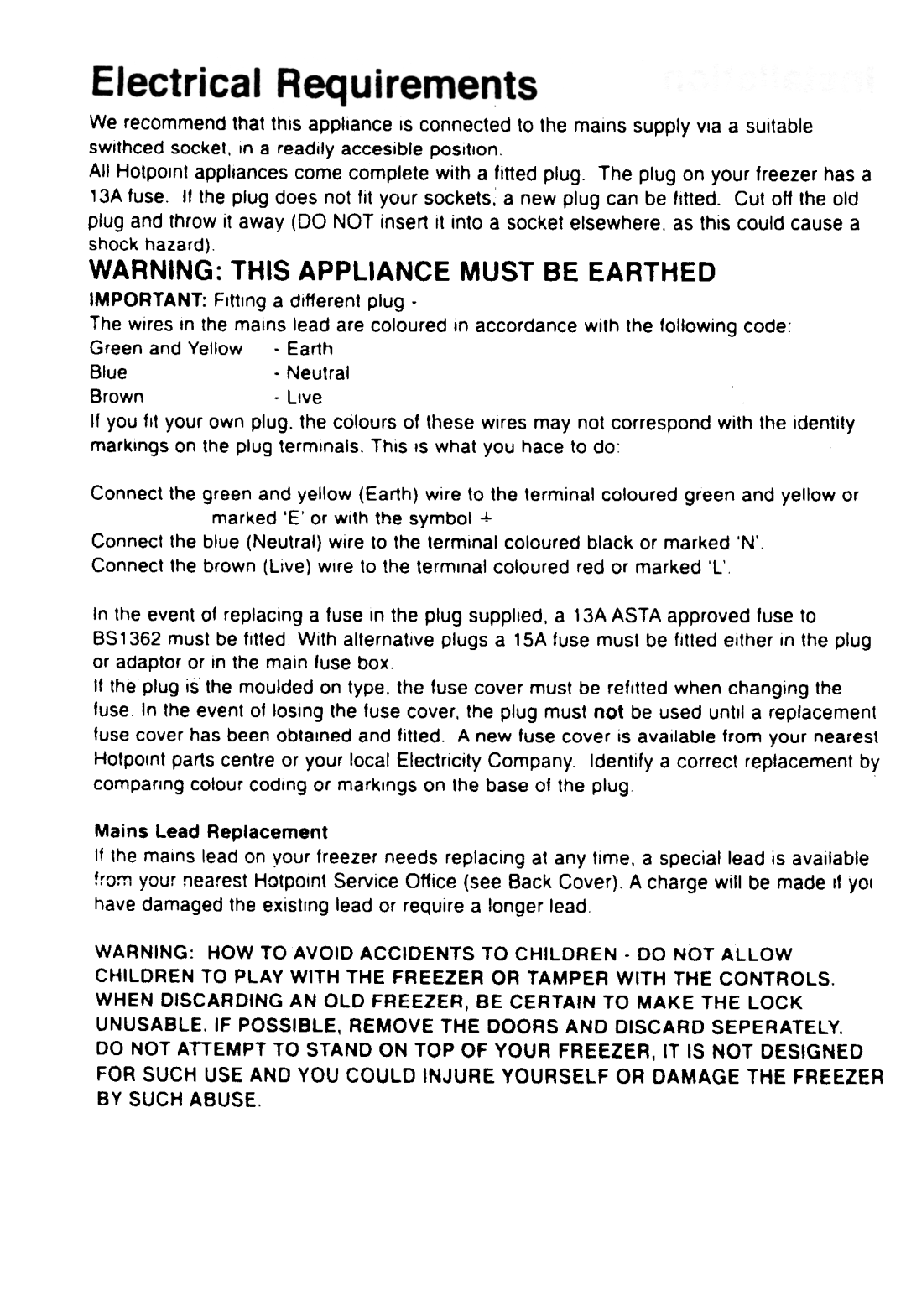 Hotpoint RC16P manual Warning This Appliance Must Be Earthed 