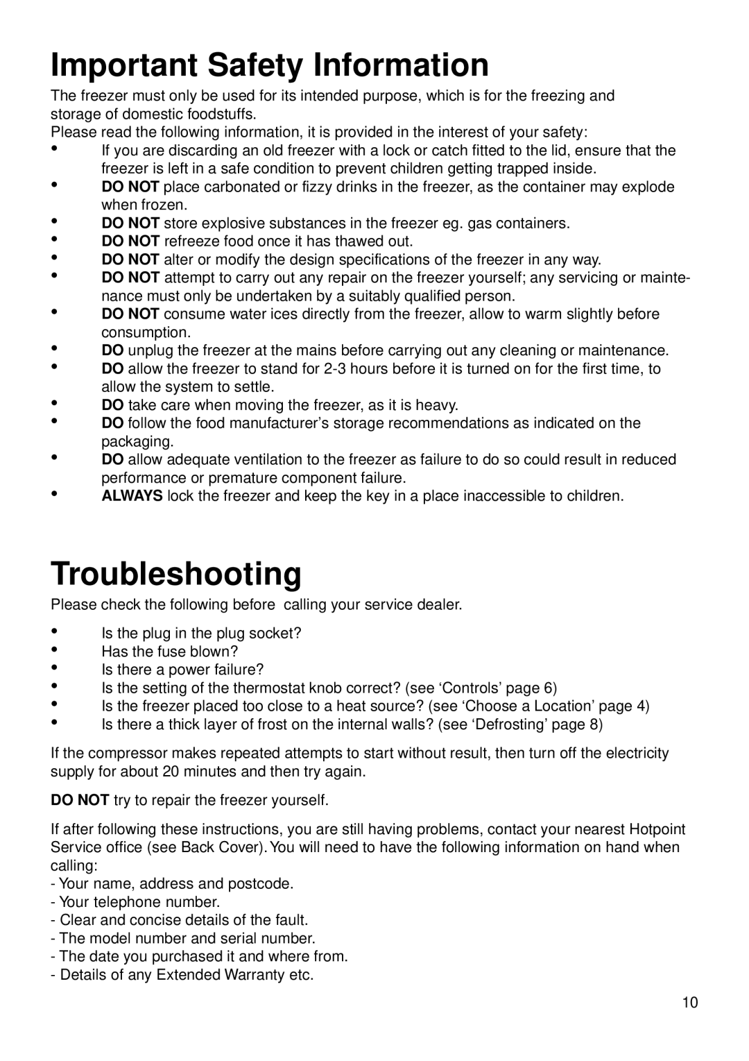 Hotpoint RC15P, RC52P, RC32P manual Important Safety Information, Troubleshooting 