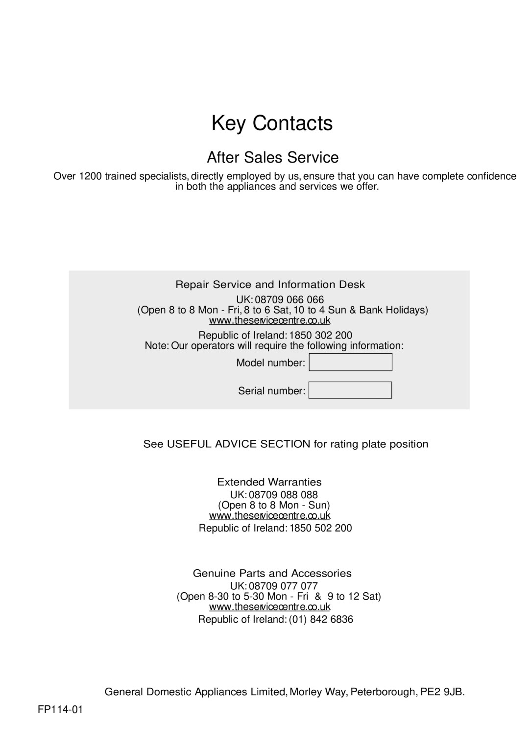 Hotpoint RC15P, RC52P, RC32P manual Key Contacts 