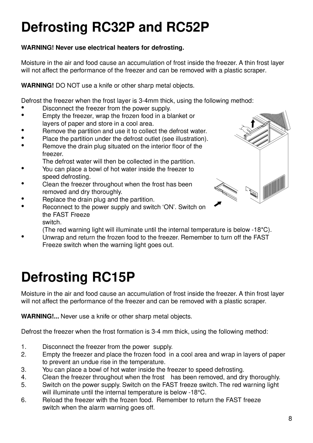 Hotpoint manual Defrosting RC32P and RC52P, Defrosting RC15P 