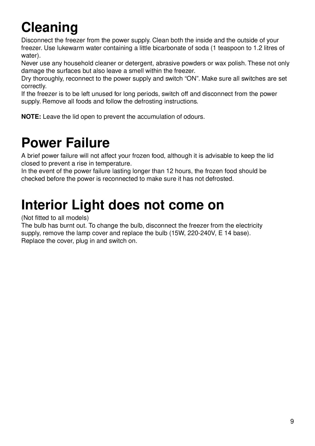 Hotpoint RC52P, RC15P, RC32P manual Cleaning, Power Failure, Interior Light does not come on 