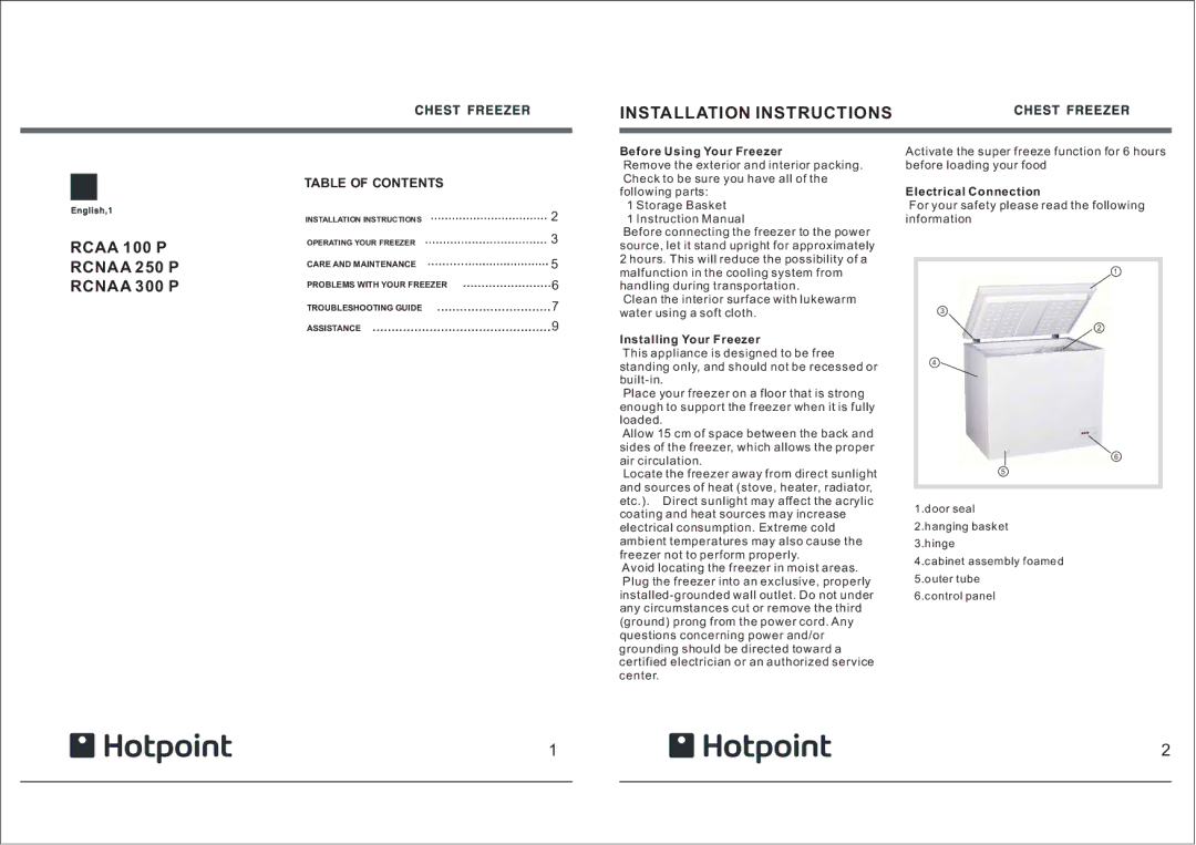 Hotpoint RCAA installation instructions Installation Instructions, Rcaa 100 P Rcnaa 250 P Rcnaa 300 P 