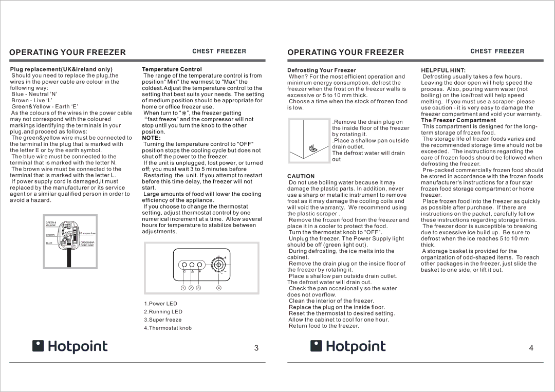 Hotpoint RCAA Operating Your Freezer, Temperature Control, Defrosting Your Freezer, Helpful Hint, Freezer Compartment 