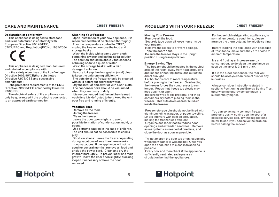 Hotpoint RCAA Care and Maintenance Problems with Your Freezer, Declaration of conformity, Cleaning Your Freezer 