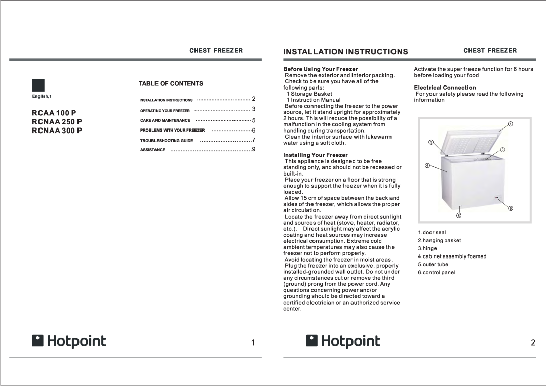Hotpoint RCAA installation instructions Installation Instructions, Before Using Your Freezer, Installing Your Freezer 