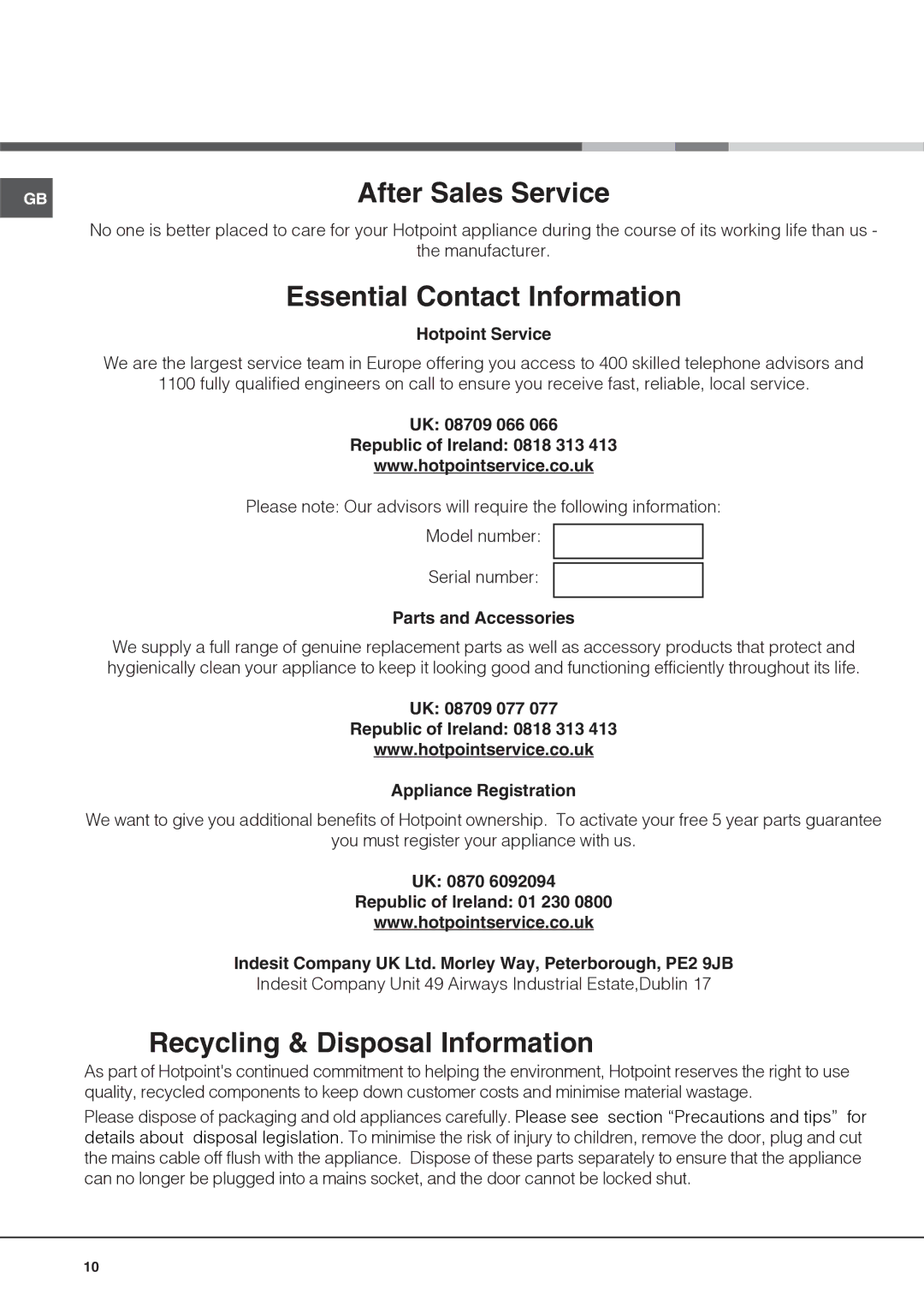 Hotpoint Refrigerator, HSZ3021VL operating instructions After Sales Service 