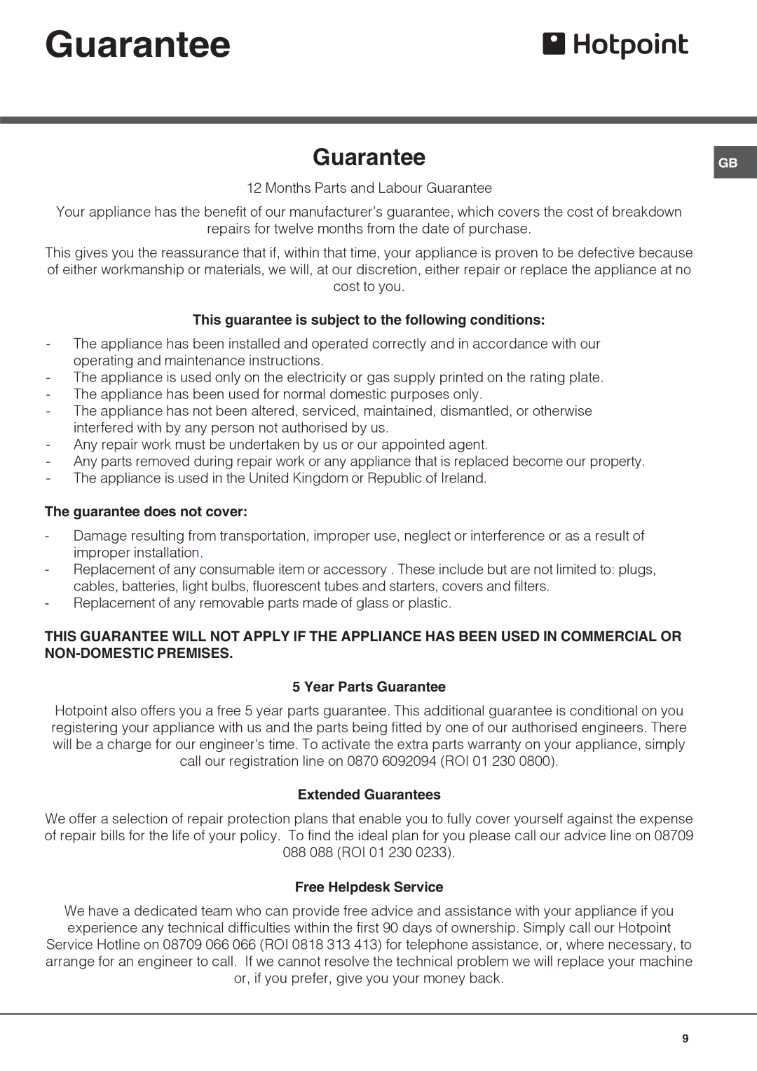 Hotpoint HSZ3021VL, Refrigerator operating instructions Guarantee 