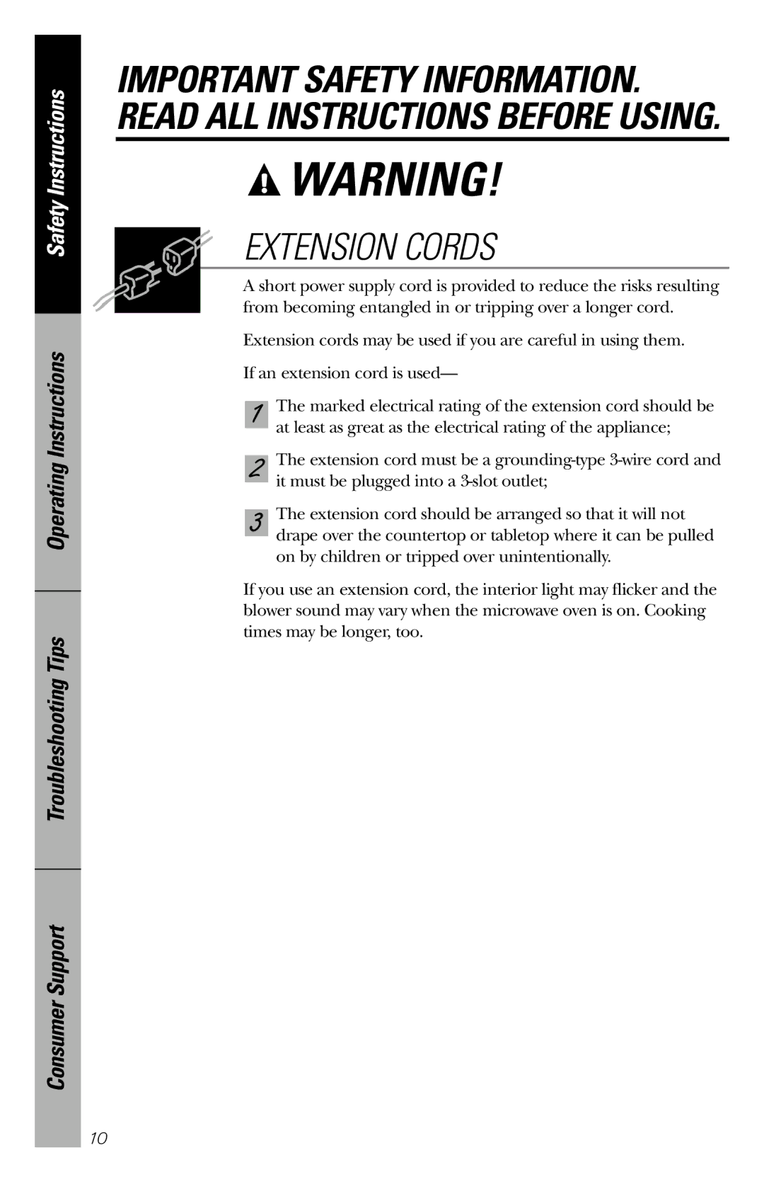 Hotpoint rem25 owner manual Extension Cords 