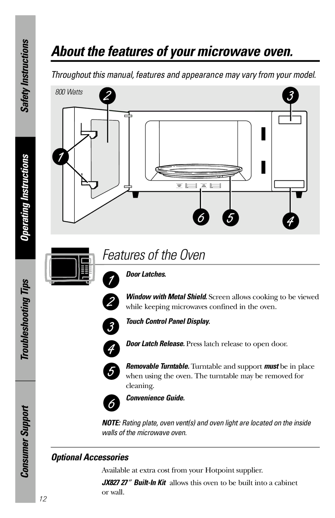 Hotpoint rem25 owner manual Optional Accessories, Watts, Door Latches, Touch Control Panel Display, Convenience Guide 