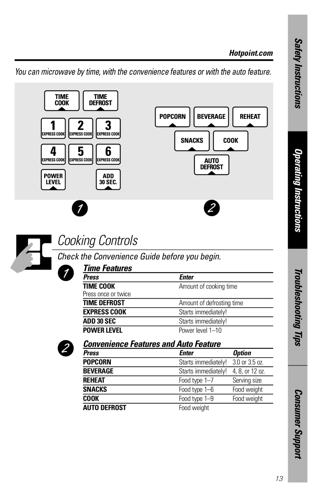 Hotpoint rem25 owner manual Time Features, Convenience Features and Auto Feature, Press Enter Option 