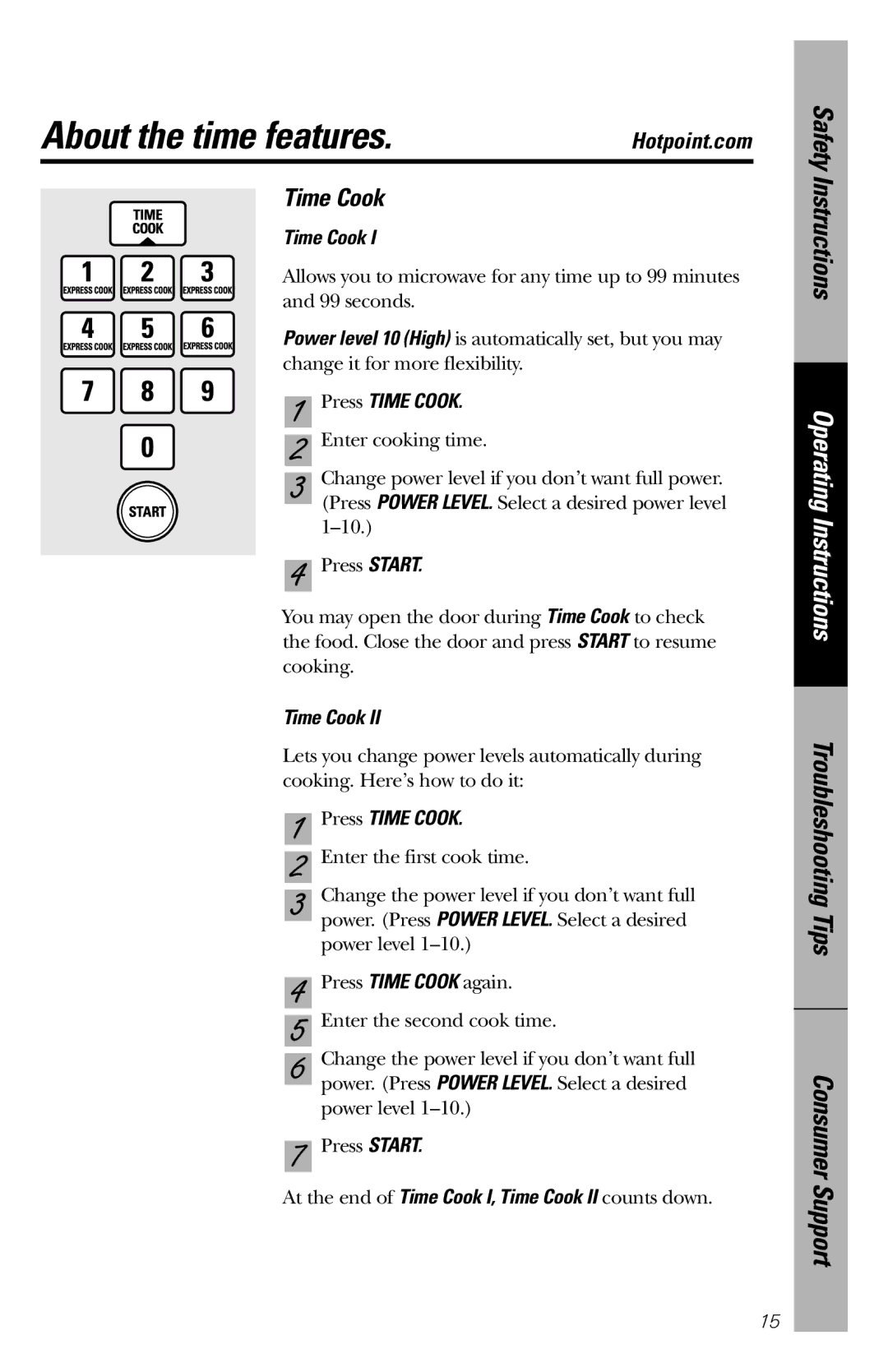 Hotpoint rem25 owner manual About the time features, Press Time Cook 