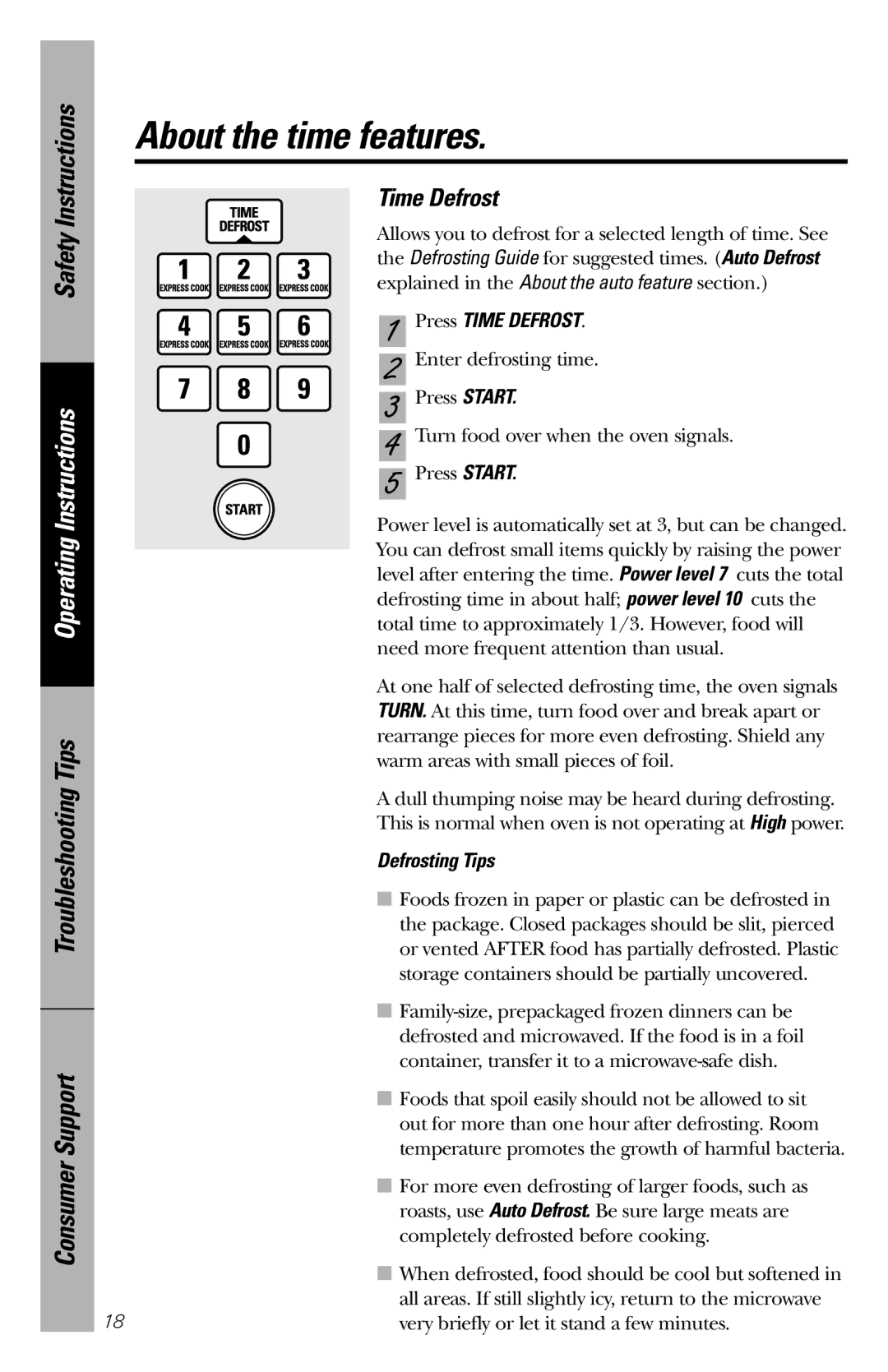 Hotpoint rem25 owner manual Press Time Defrost, Defrosting Tips 