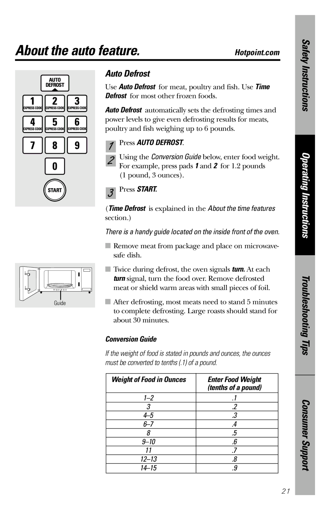 Hotpoint rem25 owner manual About the auto feature.Hotpoint.com, Press Auto Defrost, Conversion Guide 