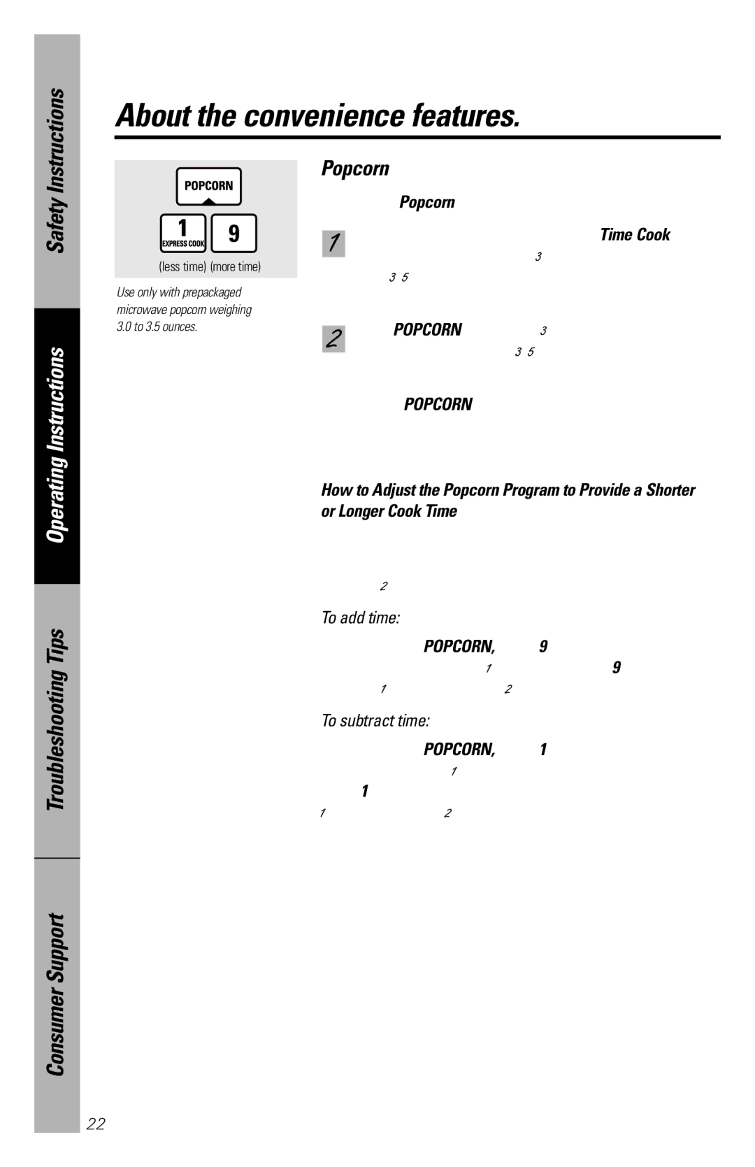 Hotpoint rem25 owner manual About the convenience features, Popcorn, To add time, To subtract time 