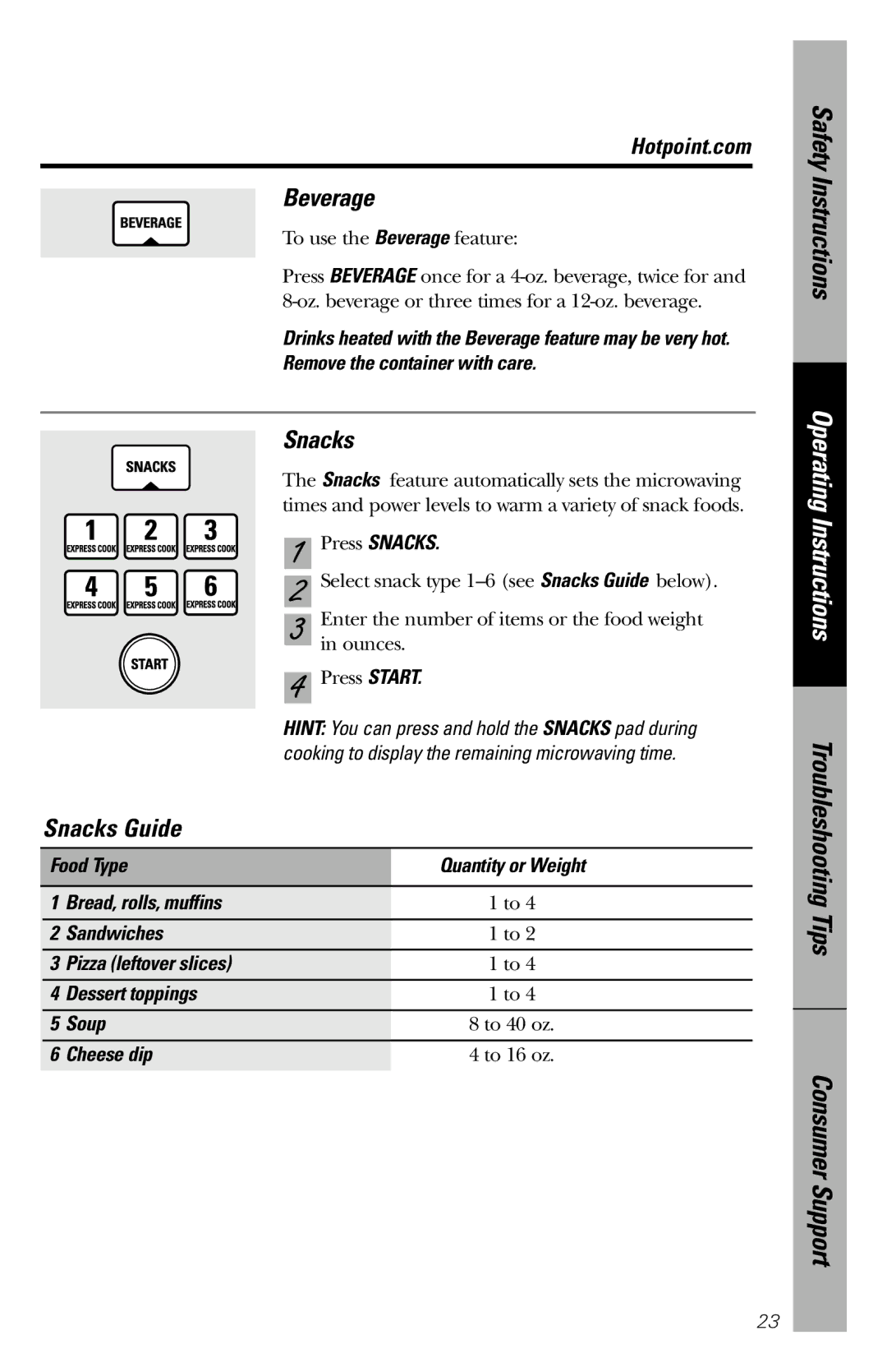 Hotpoint rem25 owner manual Beverage, Snacks Guide 