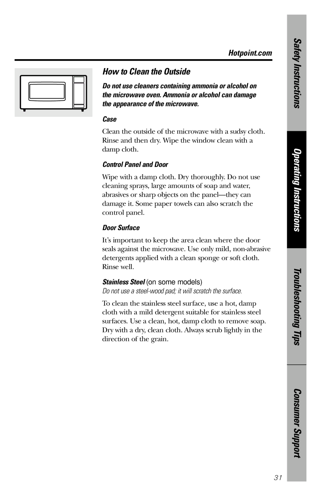 Hotpoint rem25 How to Clean the Outside, Case, Control Panel and Door, Door Surface, Stainless Steel on some models 